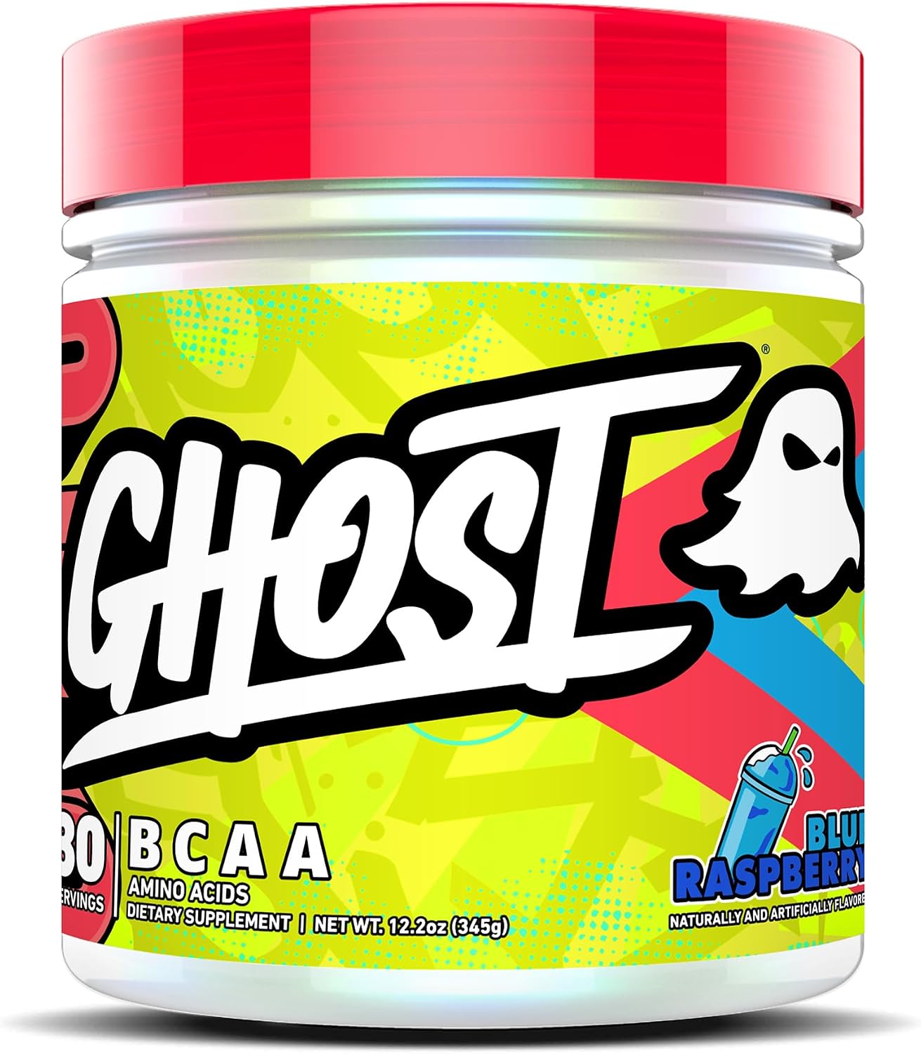GHOST BCAA Powder Amino Acids Supplement, Blue Raspberry - 30 Servings - Sugar-Free Intra, Post & Pre Workout Amino Powder & Recovery Drink, 7G BCAA